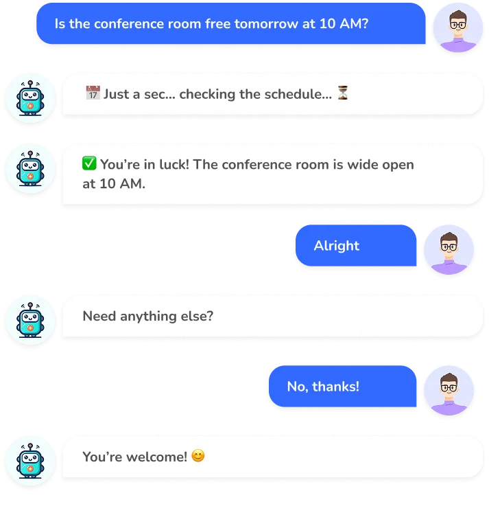 Chat conversation with a bot where user asks about conference room availability