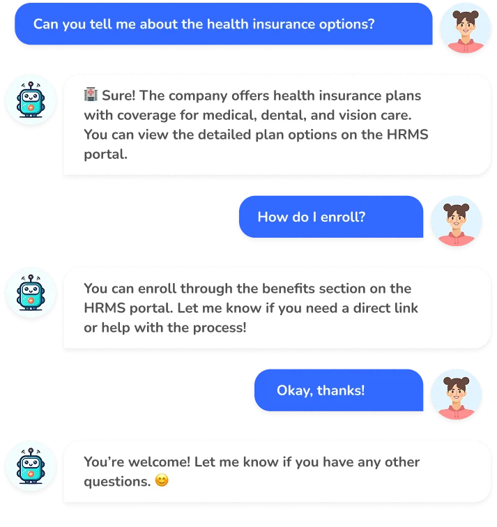 Chat conversation where a user asks the bot about health insurance options and how to enroll.