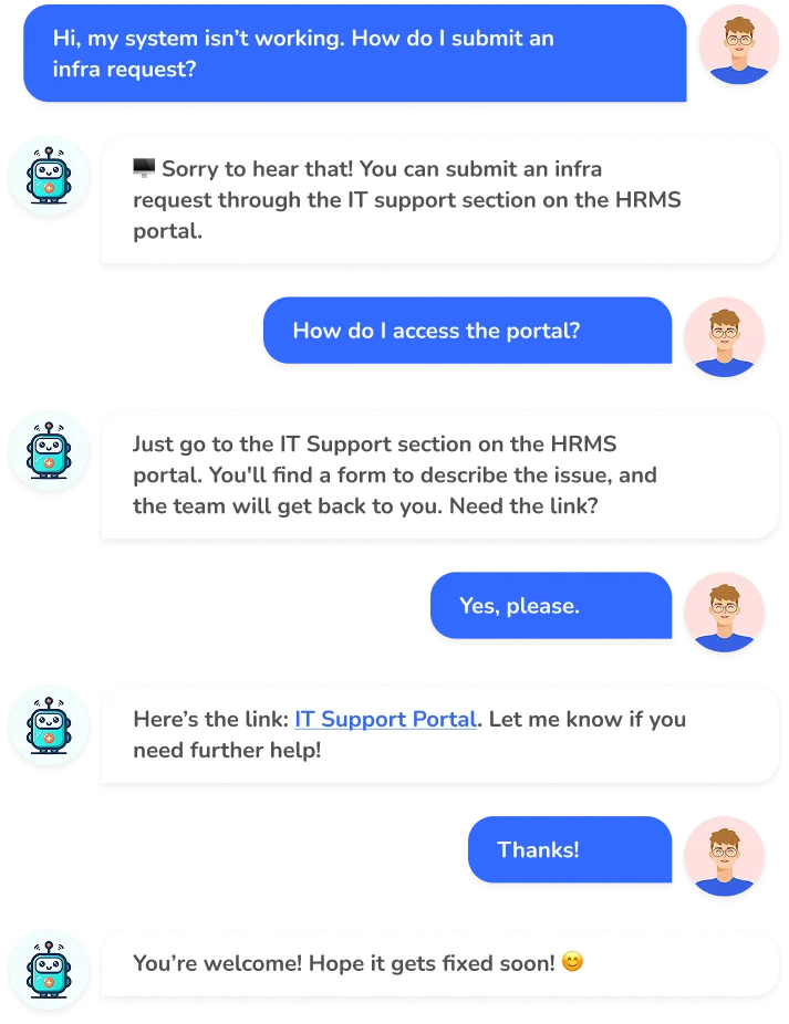 User asks a chatbot how to submit an infra request. Chatbot shares the IT portal link.