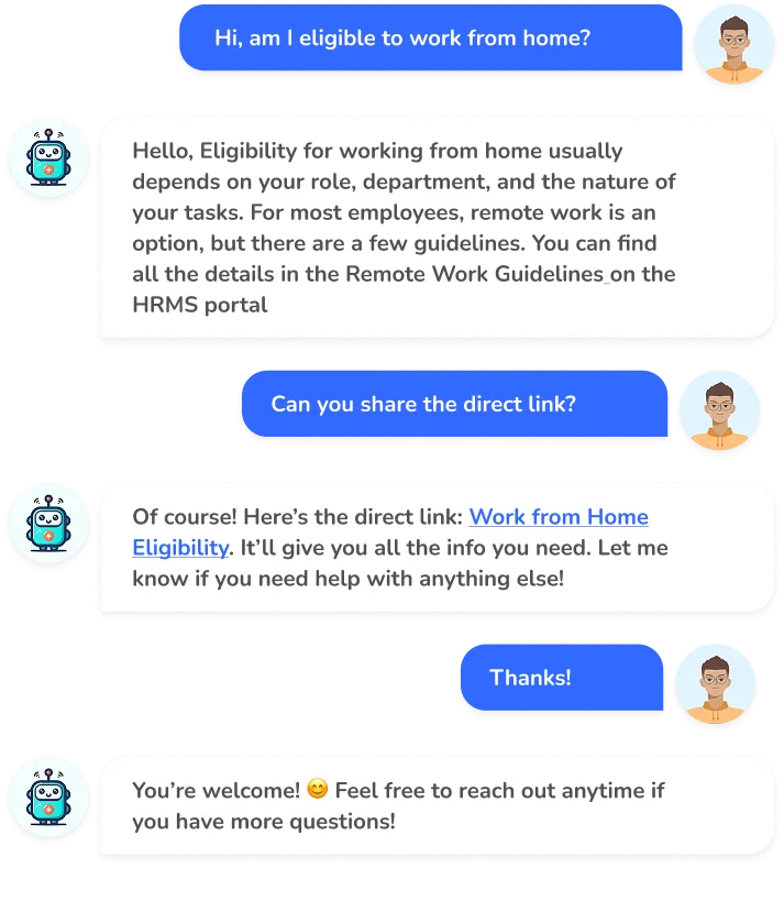 Chat about work-from-home eligibility, with the chatbot sharing a direct link to guidelines.