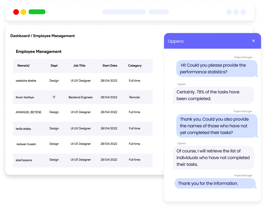 Employee dashboard with chatbot assisting in reviews and stats